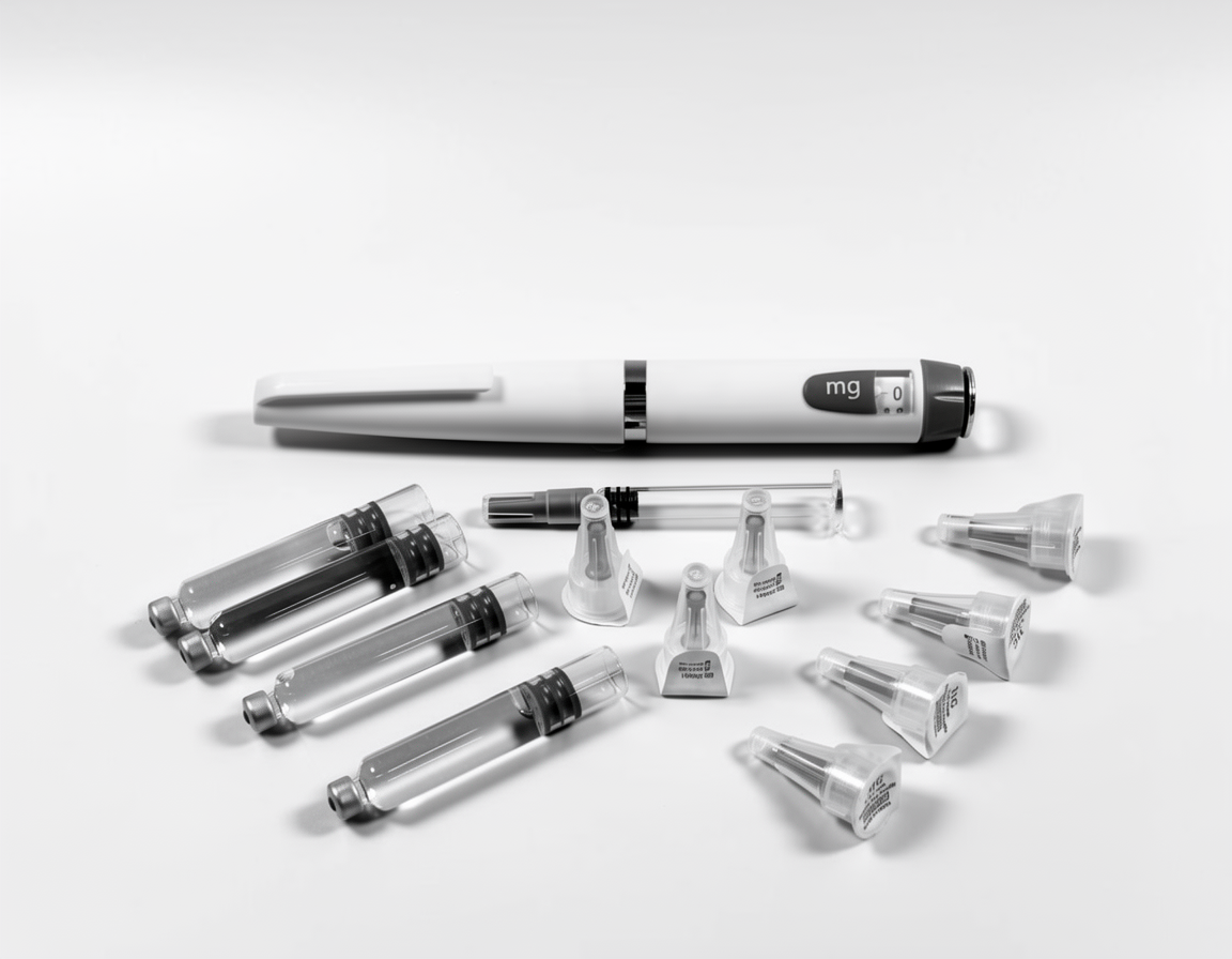 Pen, cartridges and needles together